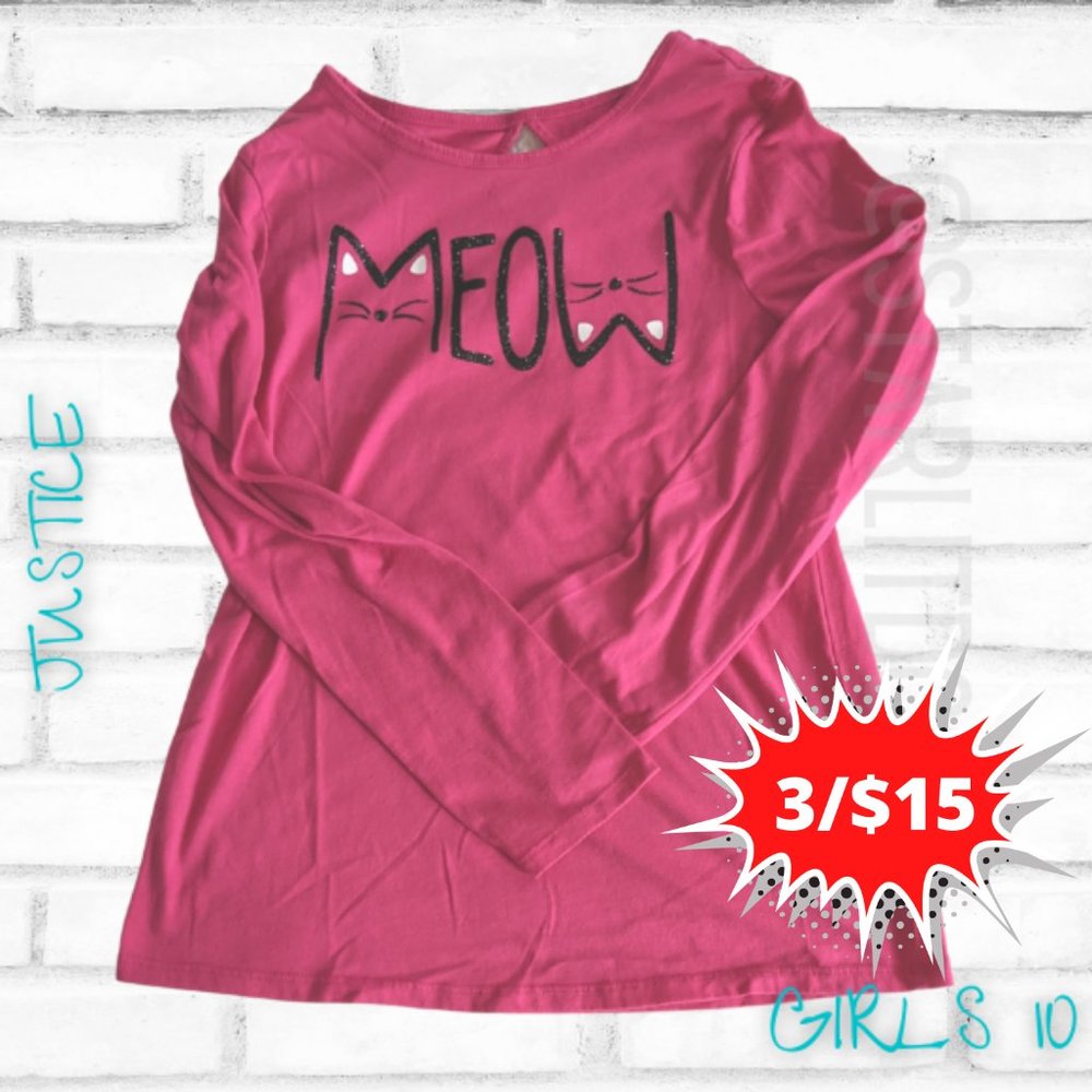 Justice Meow Pink Long Sleeve Top Pink Black Glitter Kitty Cat Keyhole Back 10